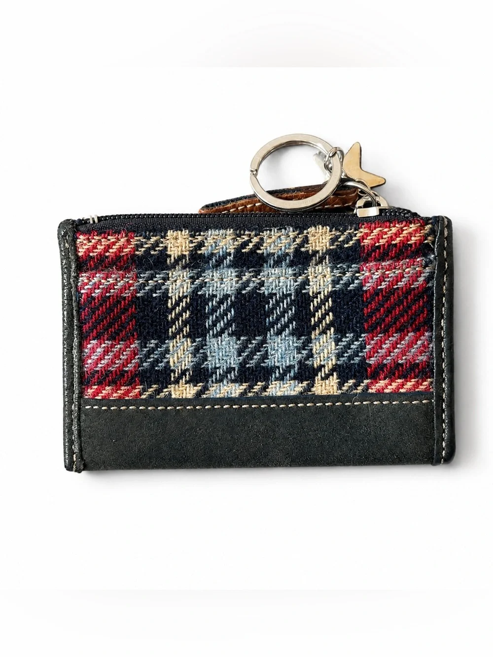Coach Vintage 100% Wool Star Keychain Blue Red Plaid Coin Purse Mini Skinny